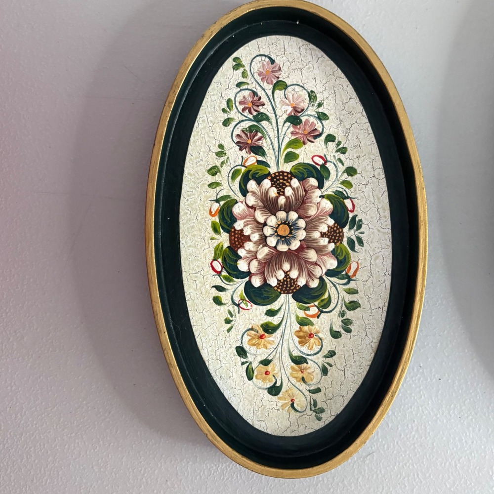Vintage‎ Floral Hand Painted Nesting Trays Set of 3 Oval Black Gold Crackle Folk - Picture 6 of 16